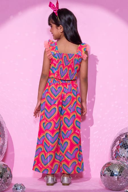 Lil Drama Barbie Heart Print Shimmery Ruched Crop Top With Pant 