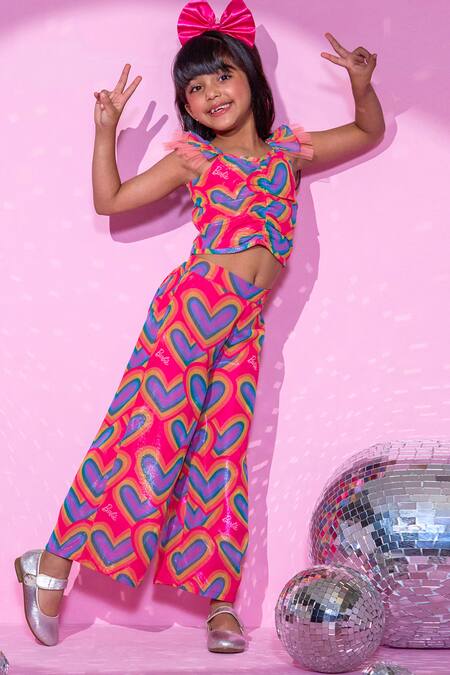 Buy_Lil Drama_Peach Polyester, Cotton Barbie Heart Print Shimmery Ruched Crop Top With Pant _Online_at_Aza_Fashions