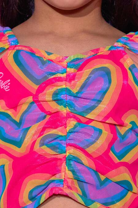 Shop_Lil Drama_Peach Polyester, Cotton Barbie Heart Print Shimmery Ruched Crop Top With Pant _Online_at_Aza_Fashions