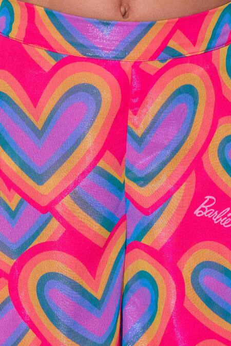 Lil Drama_Peach Polyester, Cotton Barbie Heart Print Shimmery Ruched Crop Top With Pant _at_Aza_Fashions