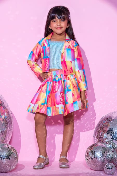 LIL DRAMA Pink Satin Print Barbie Text Crop Jacket Skirt Set