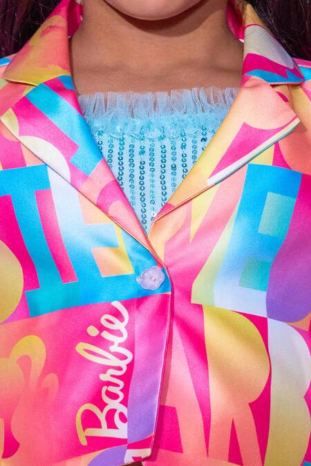 Shop_Lil Drama_Pink Satin, Polyester Sequins Barbie Text Print Crop Jacket Skirt Set _Online_at_Aza_Fashions