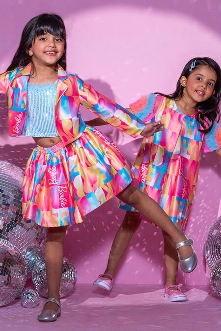 Buy_Lil Drama_Pink Satin, Polyester Sequins Barbie Text Print Crop Jacket Skirt Set 