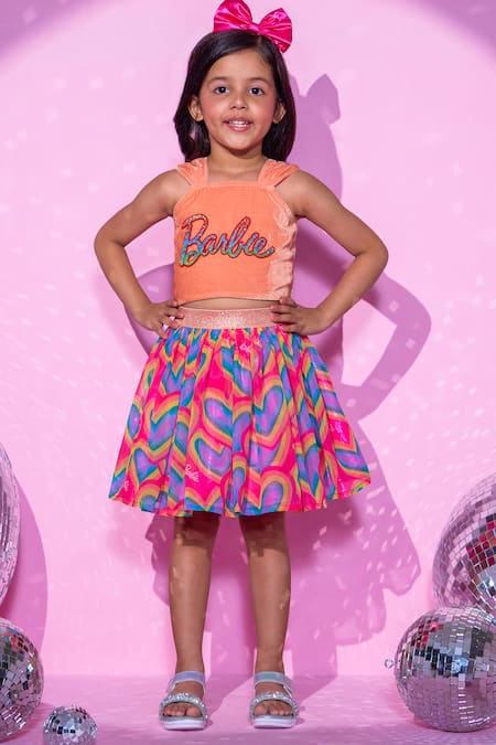 LIL DRAMA Peach Plain Velvet Embroidery Patch Barbie Crop Top With Heart Print Skirt