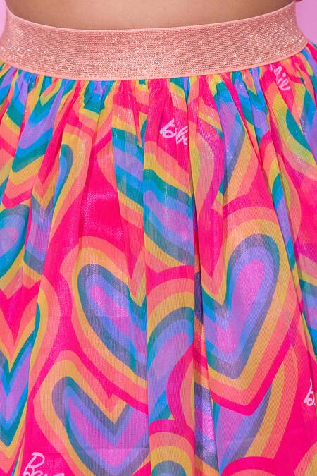 Lil Drama Peach Polyester, Cotton, Velvet Barbie Patch Crop Top With Heart Print Skirt at Aza Fashions Lil Drama_Peach Polyester, Cotton, Velvet Barbie Patch Crop Top With Heart Print Skirt _at_Aza_Fashions