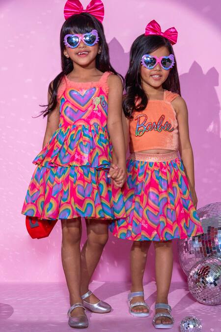 Buy Lil Drama Peach Polyester, Cotton, Velvet Barbie Patch Crop Top With Heart Print Skirt Buy_Lil Drama_Peach Polyester, Cotton, Velvet Barbie Patch Crop Top With Heart Print Skirt