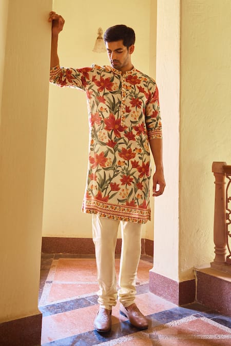 Ankit V Kapoor Cream Bemberg Cotton Silk Printed Floral Akbari Mughal Kurta And Pant Set