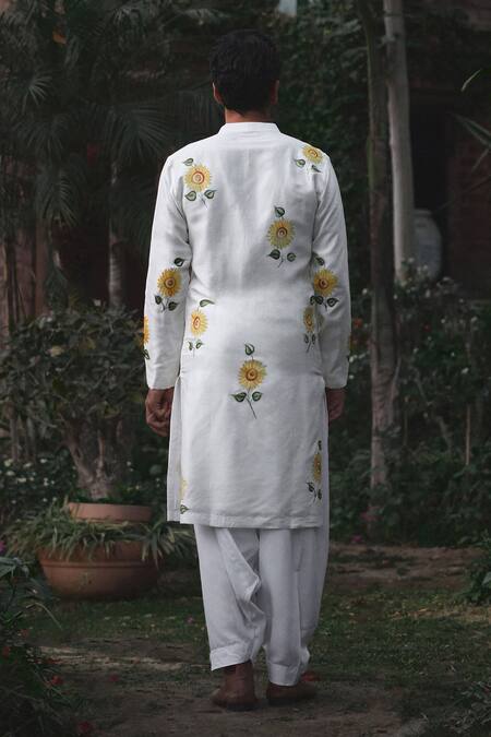 Shop Ankit V Kapoor Off White Denim, Cotton, Silk Alwar Hand Painted Sunflower Kurta And Set at Aza Fashions Shop_Ankit V Kapoor_Off White Denim, Cotton, Silk Alwar Hand Painted Sunflower Kurta And Set_at_Aza_Fashions