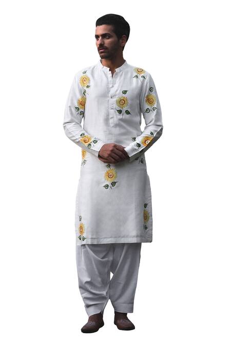 Ankit V Kapoor Off White Denim, Cotton, Silk Alwar Hand Painted Sunflower Kurta And Set Online at Aza Fashions Ankit V Kapoor_Off White Denim, Cotton, Silk Alwar Hand Painted Sunflower Kurta And Set_Online_at_Aza_Fashions