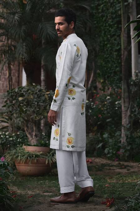 Shop Ankit V Kapoor Off White Denim, Cotton, Silk Alwar Hand Painted Sunflower Kurta And Set Online at Aza Fashions Shop_Ankit V Kapoor_Off White Denim, Cotton, Silk Alwar Hand Painted Sunflower Kurta And Set_Online_at_Aza_Fashions