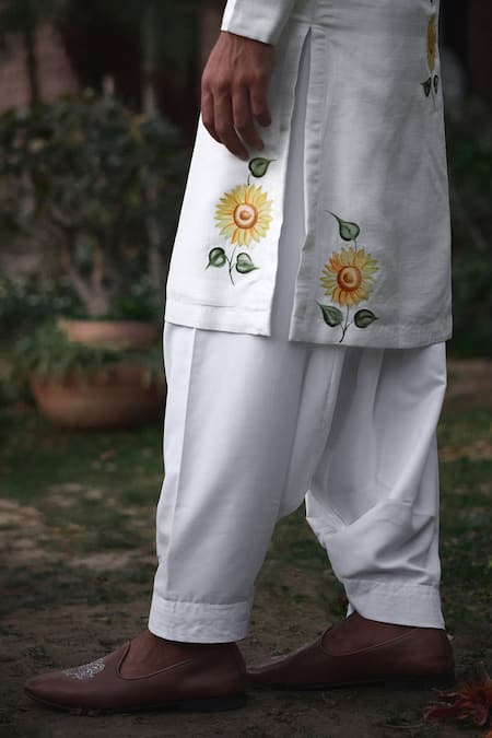 Ankit V Kapoor Off White Denim, Cotton, Silk Alwar Hand Painted Sunflower Kurta And Set at Aza Fashions Ankit V Kapoor_Off White Denim, Cotton, Silk Alwar Hand Painted Sunflower Kurta And Set_at_Aza_Fashions