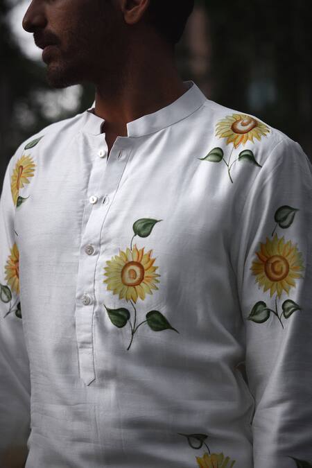 Buy Ankit V Kapoor Off White Denim, Cotton, Silk Alwar Hand Painted Sunflower Kurta And Set Buy_Ankit V Kapoor_Off White Denim, Cotton, Silk Alwar Hand Painted Sunflower Kurta And Set