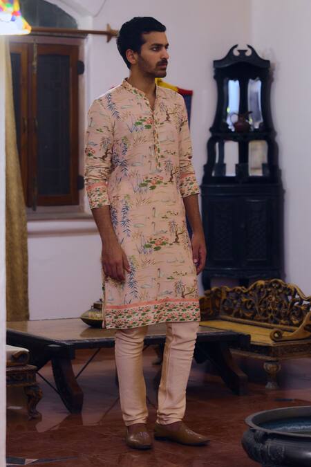 Ankit V Kapoor Pink Cotton, Bamboo Embroidery Amer Mughal Garden Print Kurta And Churidar Set Online at Aza Fashions Ankit V Kapoor_Pink Cotton, Bamboo Embroidery Amer Mughal Garden Print Kurta And Churidar Set_Online_at_Aza_Fashions