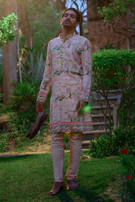 Ankit V Kapoor Pink Cotton, Bamboo Embroidery Amer Mughal Garden Print Kurta And Churidar Set at Aza Fashions Ankit V Kapoor_Pink Cotton, Bamboo Embroidery Amer Mughal Garden Print Kurta And Churidar Set_at_Aza_Fashions