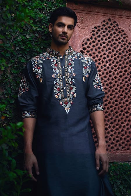 Shop Ankit V Kapoor Grey Cotton, Silk Embroidery Asirgarh Floral Kurta And Salwar Set Online at Aza Fashions Shop_Ankit V Kapoor_Grey Cotton, Silk Embroidery Asirgarh Floral Kurta And Salwar Set _Online_at_Aza_Fashions