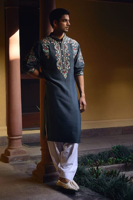 Ankit V Kapoor Grey Cotton, Silk Embroidery Asirgarh Floral Kurta And Salwar Set at Aza Fashions Ankit V Kapoor_Grey Cotton, Silk Embroidery Asirgarh Floral Kurta And Salwar Set _at_Aza_Fashions