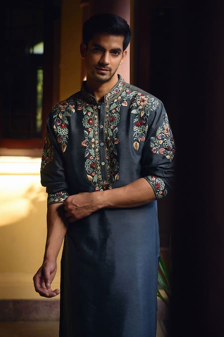 Buy Ankit V Kapoor Grey Cotton, Silk Embroidery Asirgarh Floral Kurta And Salwar Set Buy_Ankit V Kapoor_Grey Cotton, Silk Embroidery Asirgarh Floral Kurta And Salwar Set
