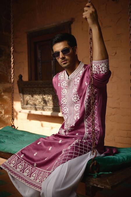 Shop_Ankit V Kapoor_Pink Viscose, Silk, Cotton Chittorgarh Kiran Dori Work Kurta And Salwar Set_Online_at_Aza_Fashions