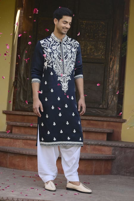 Ankit V Kapoor_Blue Viscose, Silk, Linen, Cotton Dhanbai Floral Thread Kurta And Salwar Set _Online_at_Aza_Fashions