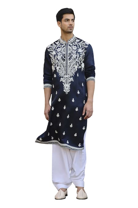 Buy_Ankit V Kapoor_Blue Viscose, Silk, Linen, Cotton Dhanbai Floral Thread Kurta And Salwar Set _Online_at_Aza_Fashions