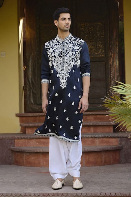 Shop_Ankit V Kapoor_Blue Viscose, Silk, Linen, Cotton Dhanbai Floral Thread Kurta And Salwar Set _Online_at_Aza_Fashions