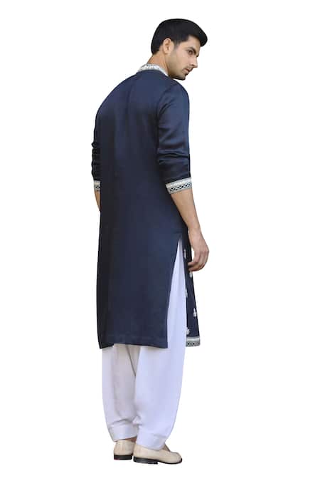 Ankit V Kapoor_Blue Viscose, Silk, Linen, Cotton Dhanbai Floral Thread Kurta And Salwar Set _at_Aza_Fashions