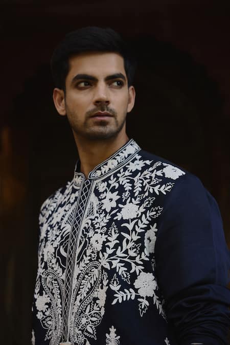 Shop_Ankit V Kapoor_Blue Viscose, Silk, Linen, Cotton Dhanbai Floral Thread Kurta And Salwar Set 
