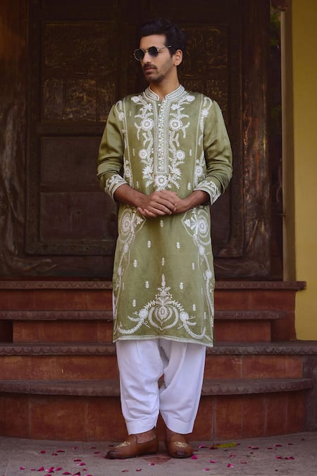 Ankit V Kapoor Green Viscose Silk Linen Embroidered Thread Falaknuma Kurta And Pant Set