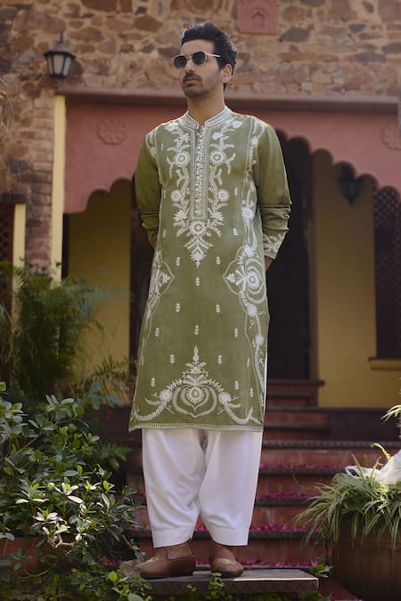 Ankit V Kapoor_Green Viscose, Silk, Linen, Cotton Embroidery Falaknuma Thread Kurta And Pant Set _Online_at_Aza_Fashions
