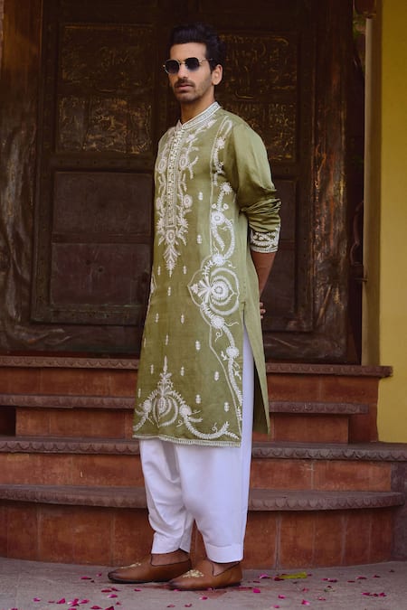 Buy_Ankit V Kapoor_Green Viscose, Silk, Linen, Cotton Embroidery Falaknuma Thread Kurta And Pant Set _Online_at_Aza_Fashions