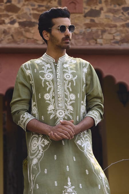 Shop_Ankit V Kapoor_Green Viscose, Silk, Linen, Cotton Embroidery Falaknuma Thread Kurta And Pant Set _Online_at_Aza_Fashions