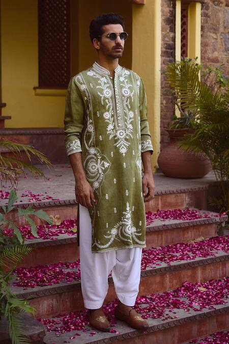 Ankit V Kapoor_Green Viscose, Silk, Linen, Cotton Embroidery Falaknuma Thread Kurta And Pant Set _at_Aza_Fashions