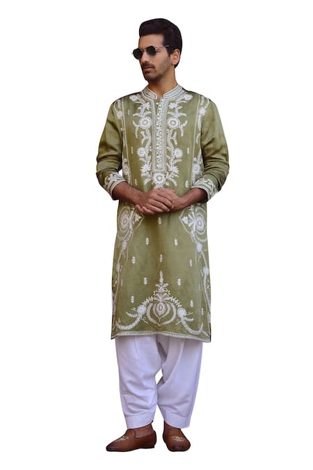 Buy_Ankit V Kapoor_Green Viscose, Silk, Linen, Cotton Embroidery Falaknuma Thread Kurta And Pant Set 