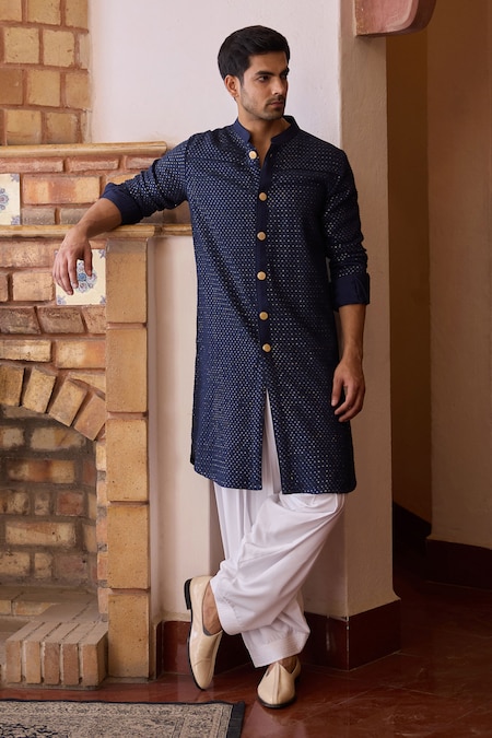 Ankit V Kapoor Blue Viscose Cotton Silk Embroidered Thread Fateh Sequin Kurta And Salwar Set