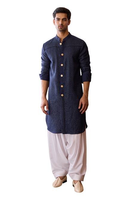 Ankit V Kapoor_Blue Georgette, Cotton Embroidery Fateh Sequin Kurta And Salwar Set _Online_at_Aza_Fashions