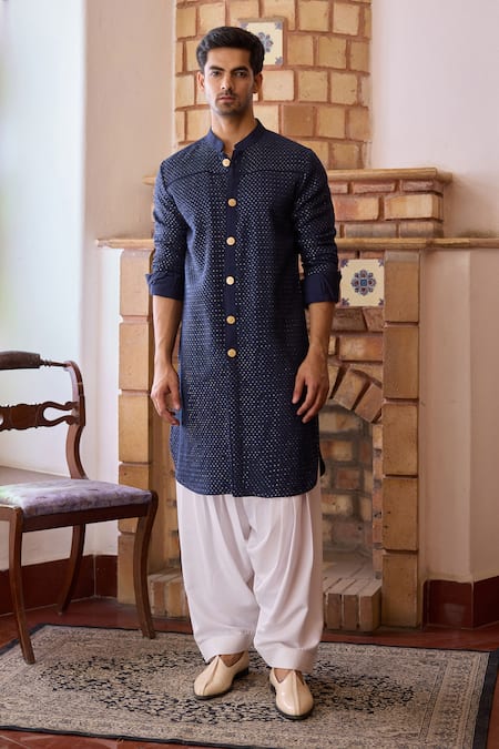 Shop_Ankit V Kapoor_Blue Georgette, Cotton Embroidery Fateh Sequin Kurta And Salwar Set _Online_at_Aza_Fashions