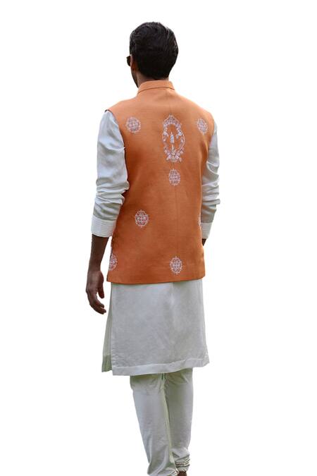 Buy_Ankit V Kapoor_Orange Viscose, Silk, Linen Embroidery, Beads Floral Thread Bundi Kurta Set_Online_at_Aza_Fashions