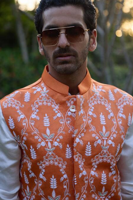 Shop_Ankit V Kapoor_Orange Viscose, Silk, Linen Embroidery, Beads Floral Thread Bundi Kurta Set_Online_at_Aza_Fashions