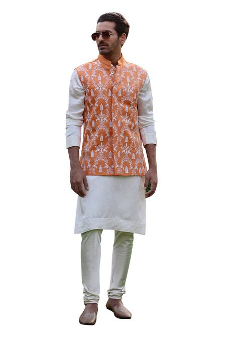 Shop_Ankit V Kapoor_Orange Viscose, Silk, Linen Embroidery, Beads Floral Thread Bundi Kurta Set