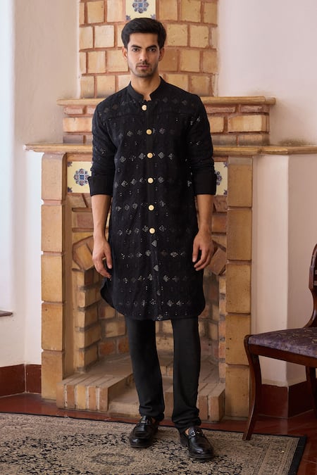 Ankit V Kapoor Black Viscose Cotton Silk Embroidered Gohar And Thread Kurta & Churidar Set