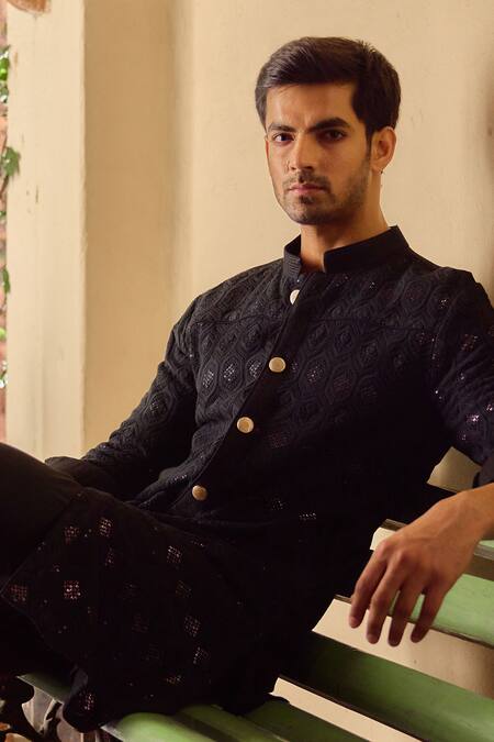 Ankit V Kapoor_Black Georgette, Cotton, Viscose Sequins, Gohar And Thread Kurta & Churidar Set_Online_at_Aza_Fashions