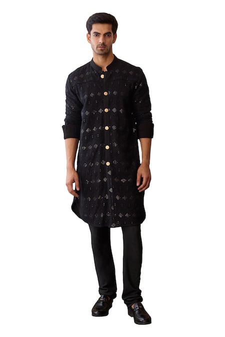 Buy_Ankit V Kapoor_Black Georgette, Cotton, Viscose Sequins, Gohar And Thread Kurta & Churidar Set_Online_at_Aza_Fashions