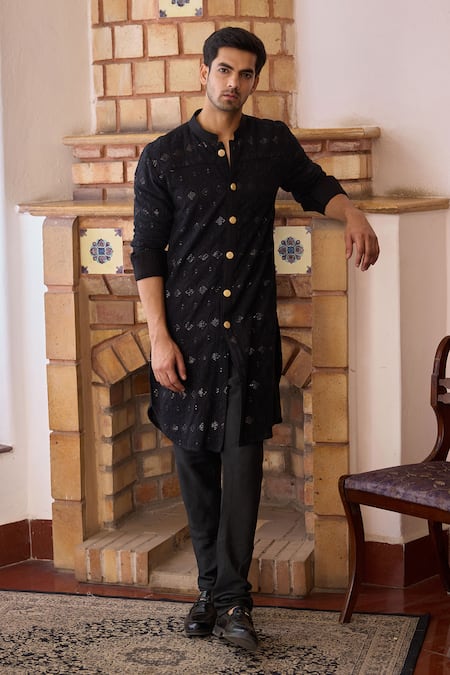 Ankit V Kapoor_Black Georgette, Cotton, Viscose Sequins, Gohar And Thread Kurta & Churidar Set_at_Aza_Fashions