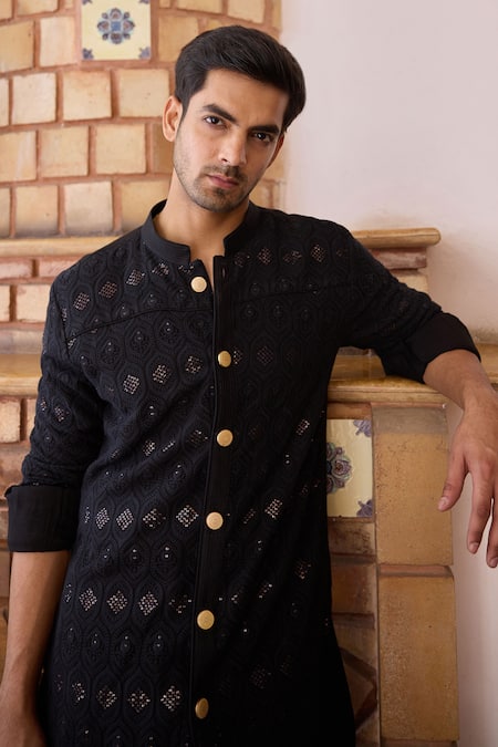 Shop_Ankit V Kapoor_Black Georgette, Cotton, Viscose Sequins, Gohar And Thread Kurta & Churidar Set