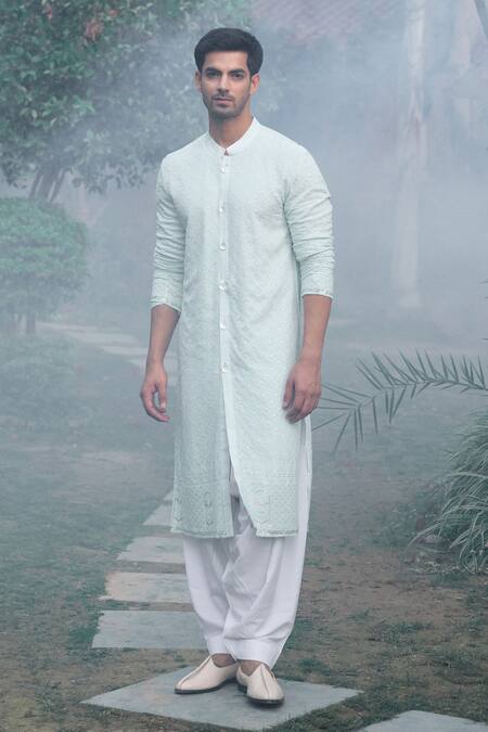 Buy_Ankit V Kapoor_Blue Cotton, Silk Sequins Hawa Mahal Embroidered Kurta And Salwar Set_Online_at_Aza_Fashions