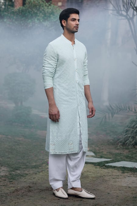 Shop_Ankit V Kapoor_Blue Cotton, Silk Sequins Hawa Mahal Embroidered Kurta And Salwar Set_Online_at_Aza_Fashions
