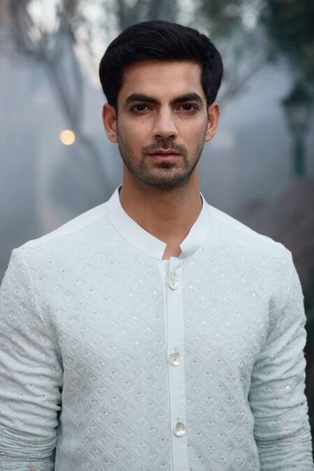 Ankit V Kapoor_Blue Cotton, Silk Sequins Hawa Mahal Embroidered Kurta And Salwar Set_at_Aza_Fashions