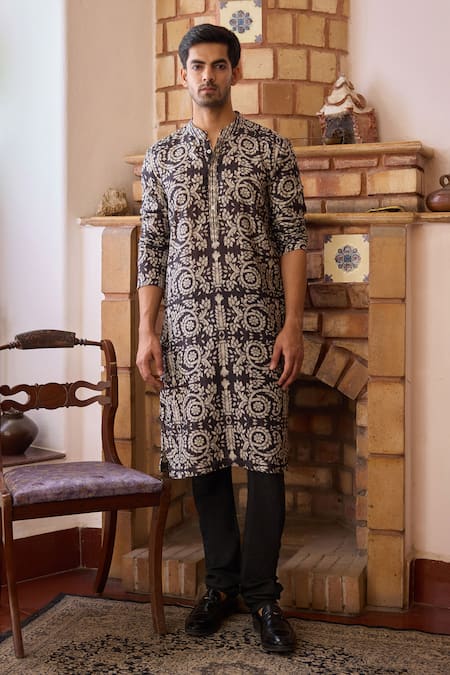 Ankit V Kapoor Black Bemberg Cotton Silk Printed Inlay Huzur Floral Kurta And Churidar Set
