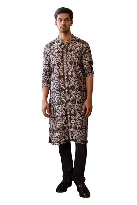 Ankit V Kapoor_Black Cotton Embroidery Huzur Inlay Floral Print Kurta And Churidar Set_Online_at_Aza_Fashions