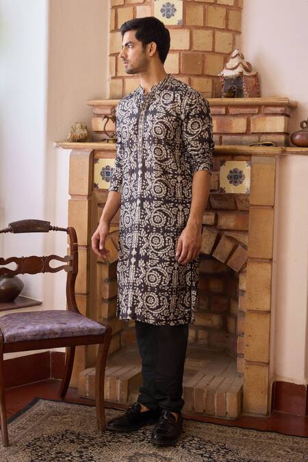 Buy_Ankit V Kapoor_Black Cotton Embroidery Huzur Inlay Floral Print Kurta And Churidar Set_Online_at_Aza_Fashions